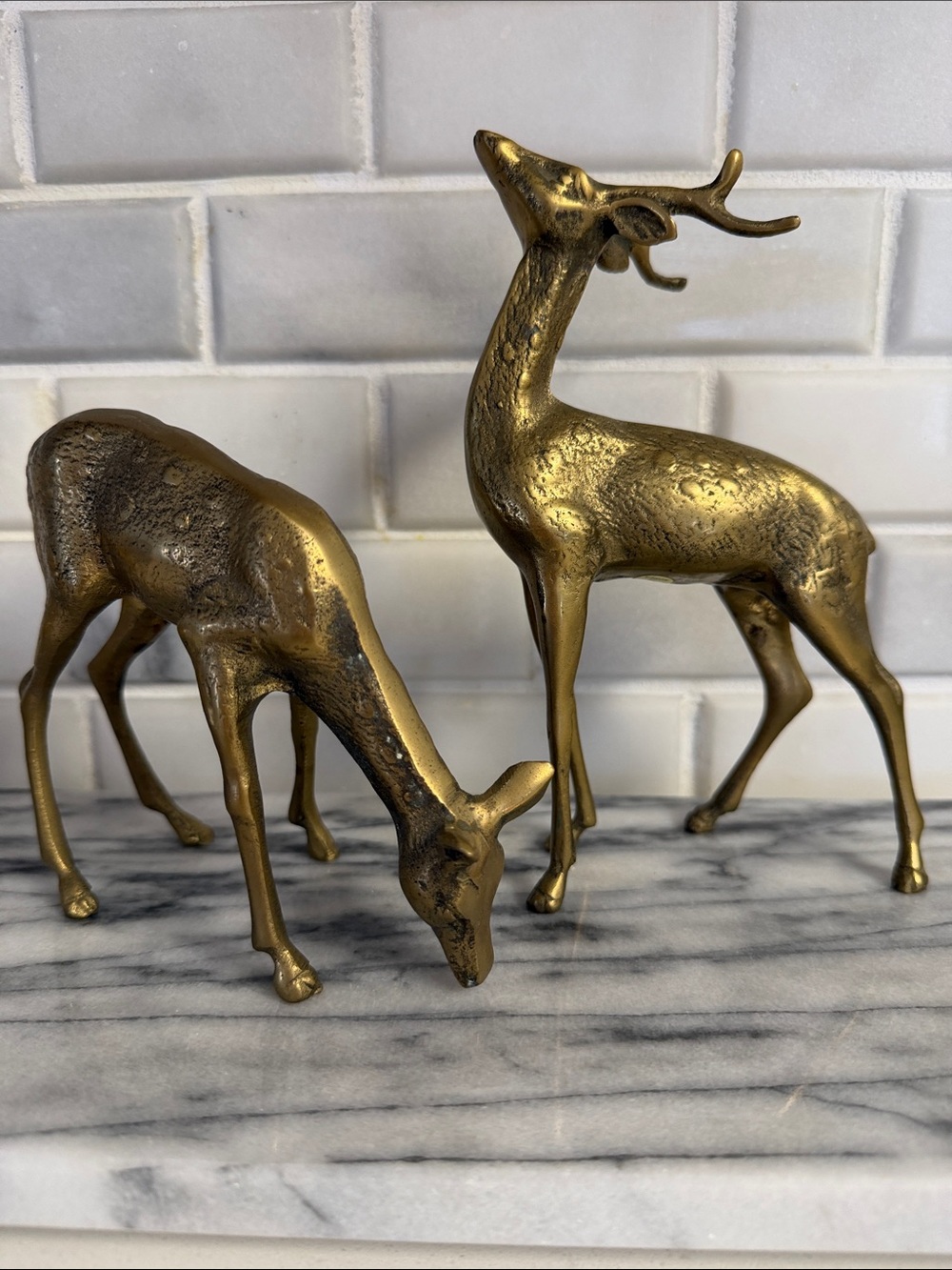 2 pc Brass Finish Deer Figurine Set - Gold Accent Home Decor